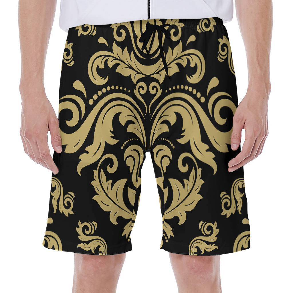 Black and Beige Damask Pattern Men's Hawaiian Beach Shorts - 1