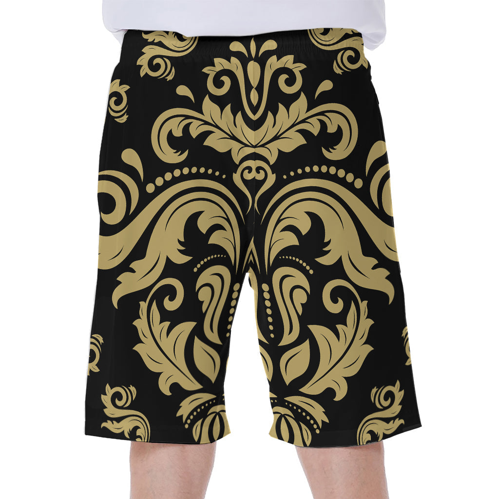 Black and Beige Damask Pattern Men's Hawaiian Beach Shorts - 1