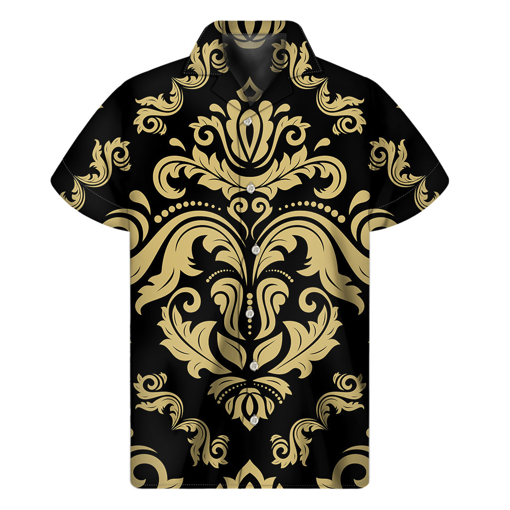 Black and Beige Damask Hawaiian Print Men's Short Sleeve Shirt - 1