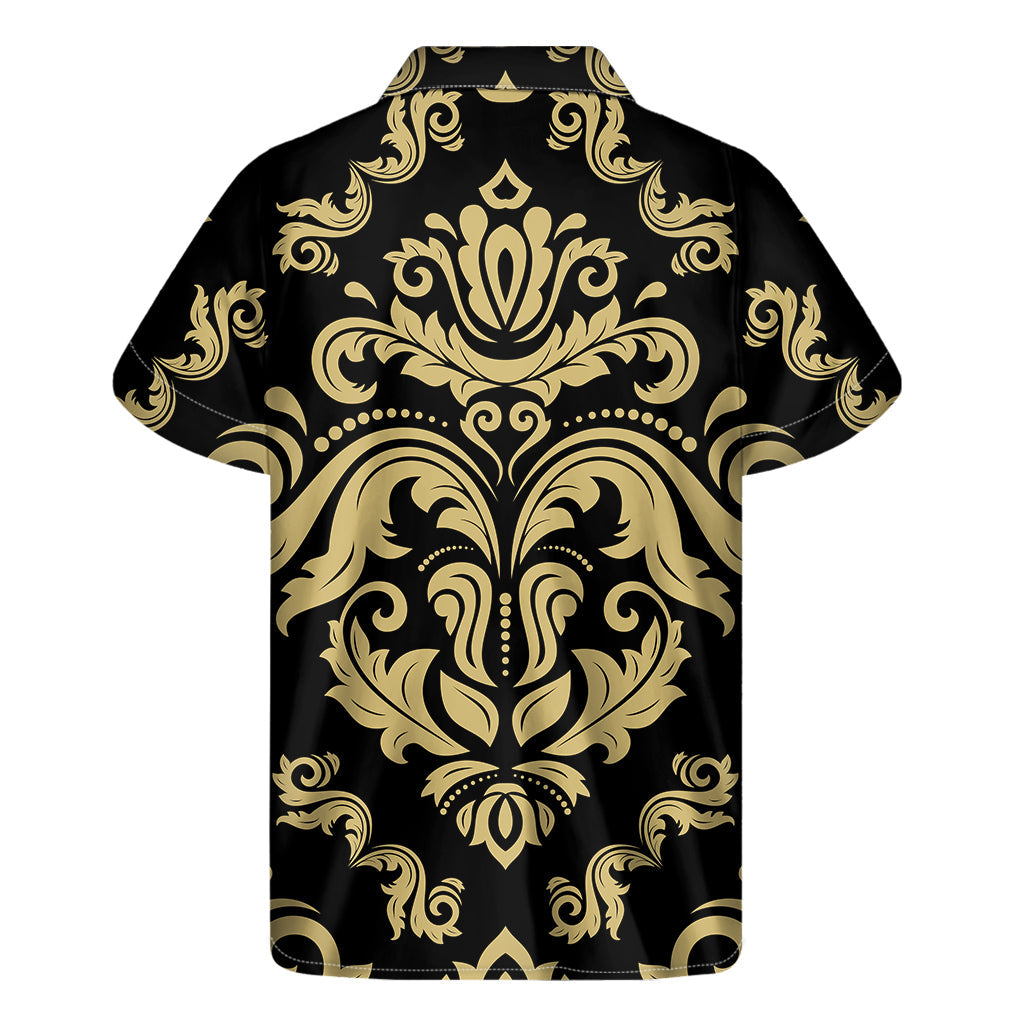 Black and Beige Damask Hawaiian Print Men's Short Sleeve Shirt - 1