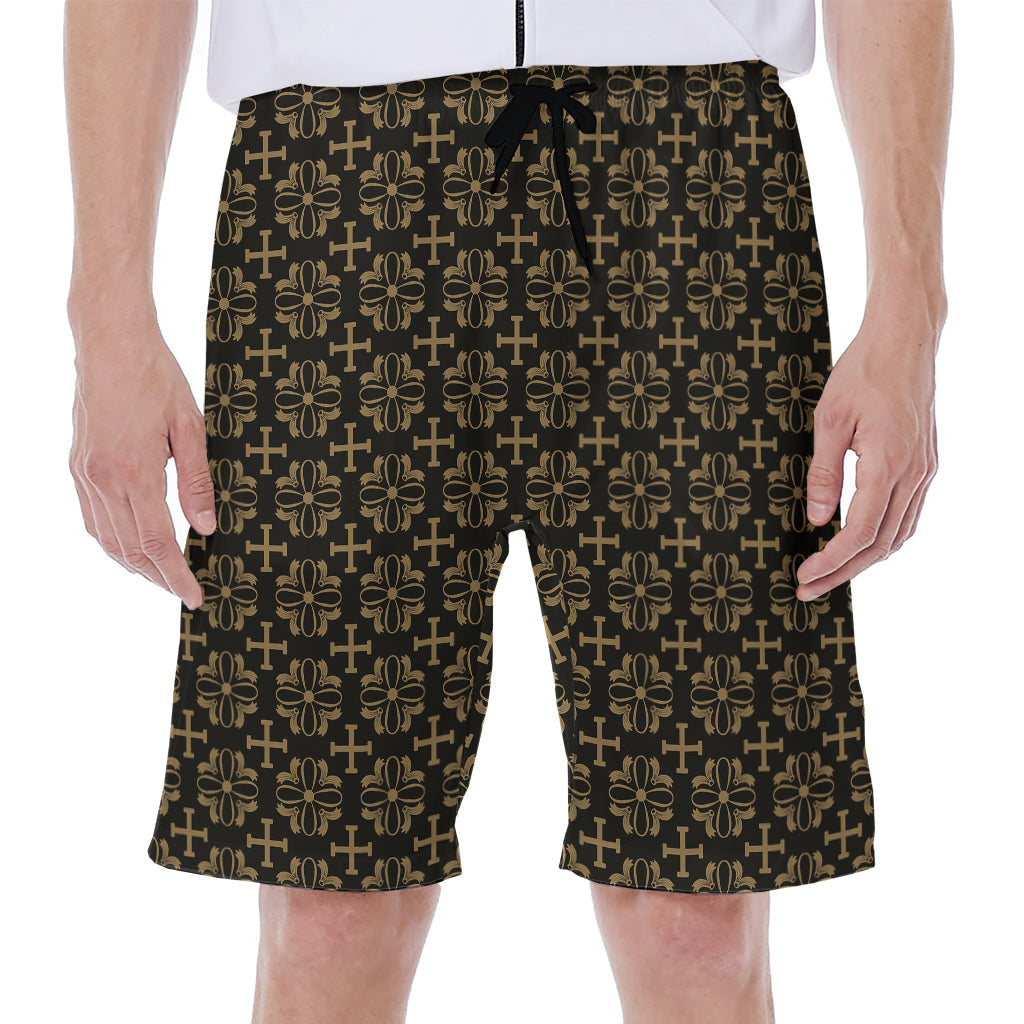 Black and Beige Hawaiian Orthodox Pattern Men's Beach Shorts - 1