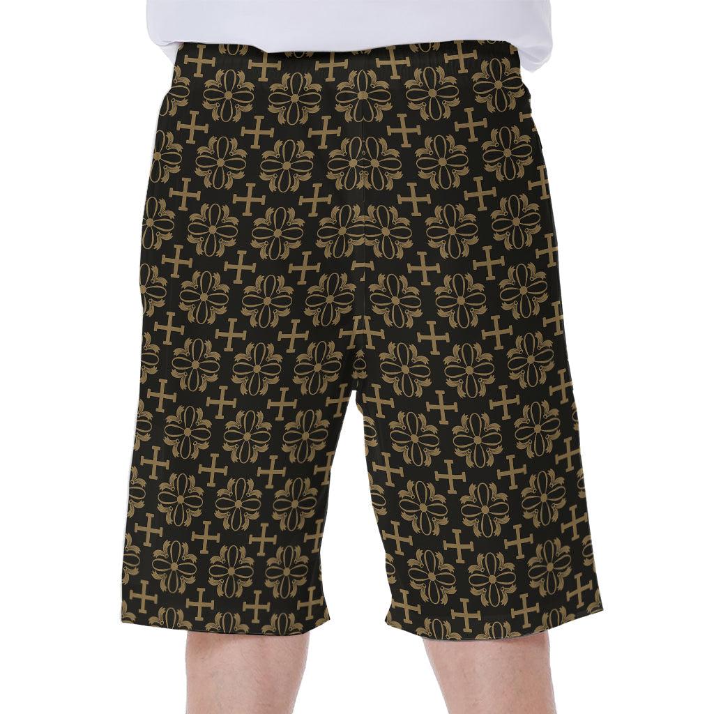 Black and Beige Hawaiian Orthodox Pattern Men's Beach Shorts - 1