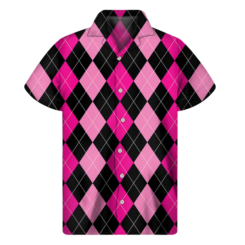 Black and Deep Pink Hawaiian Argyle Men&#39;s Short Sleeve Shirt - 1