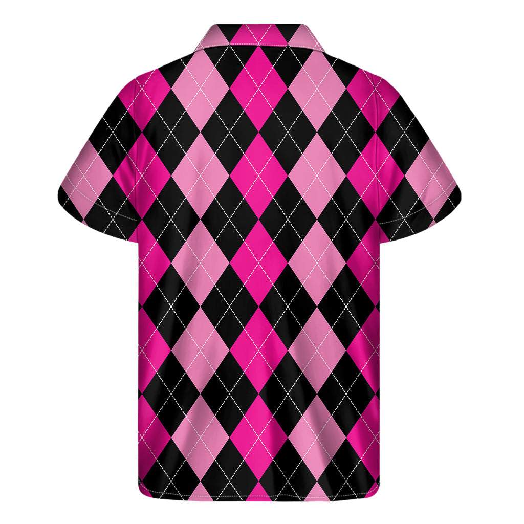 Black and Deep Pink Hawaiian Argyle Men&#39;s Short Sleeve Shirt - 2