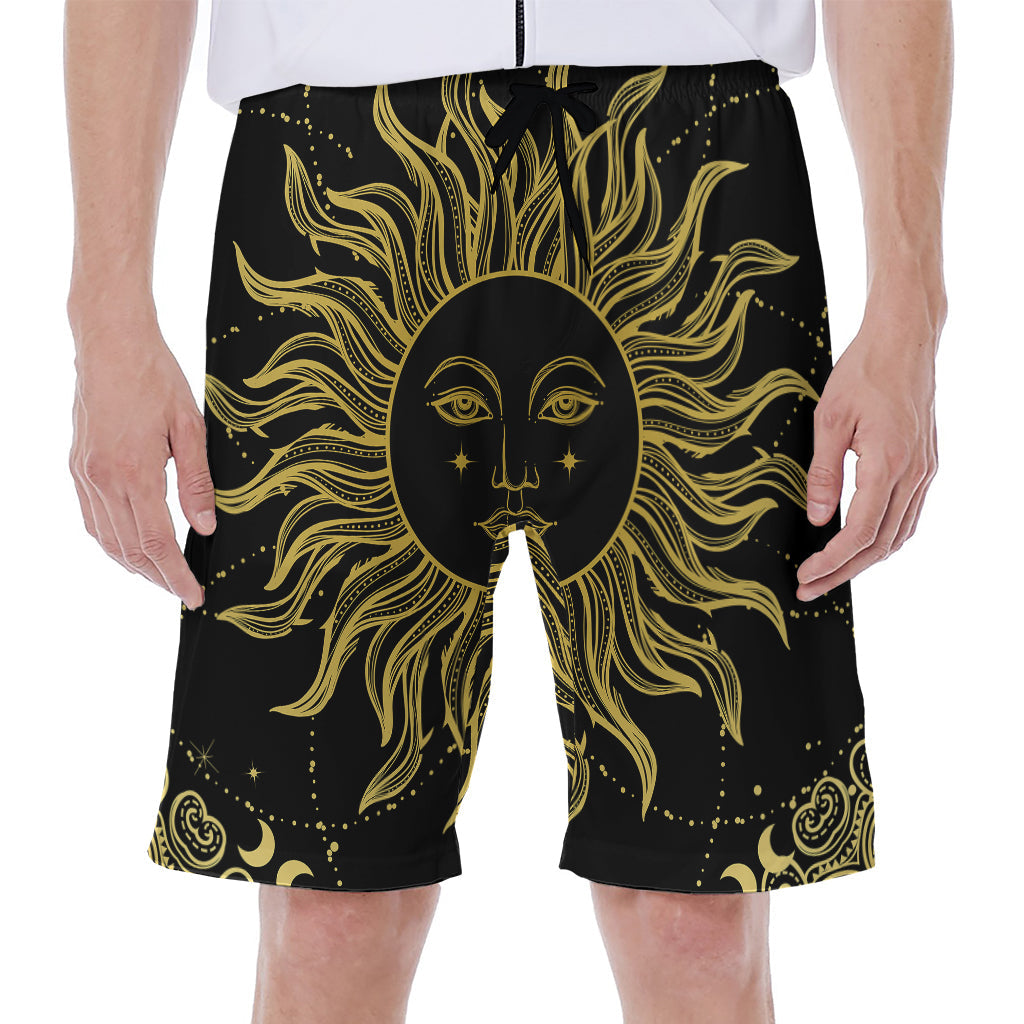 Black and Gold Celestial Sun Hawaiian Men's Beach Shorts - 1