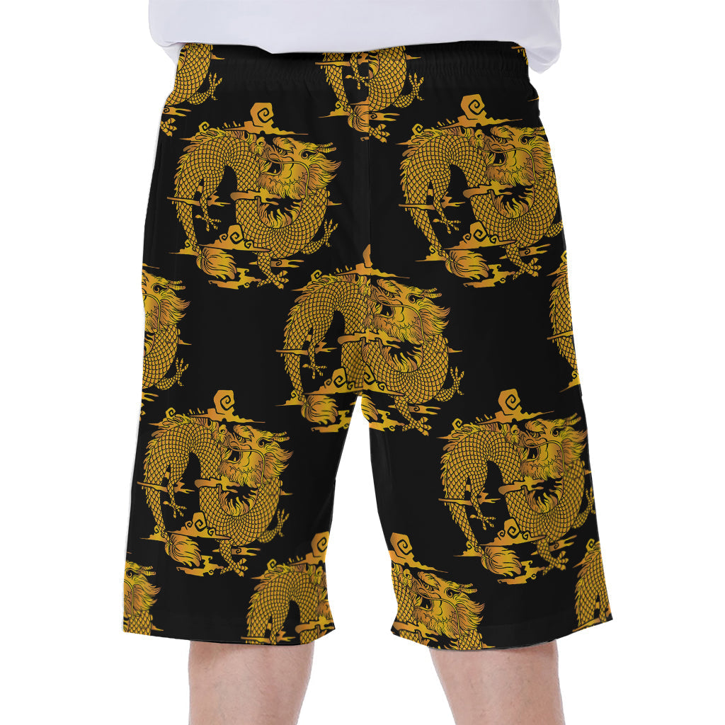 Black and Gold Dragon Pattern Hawaiian Men's Beach Shorts - 1