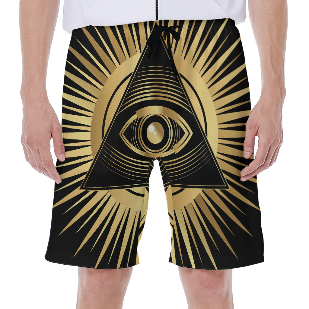 Black and Gold Eye of Providence Hawaiian Men&#39;s Beach Shorts - 1