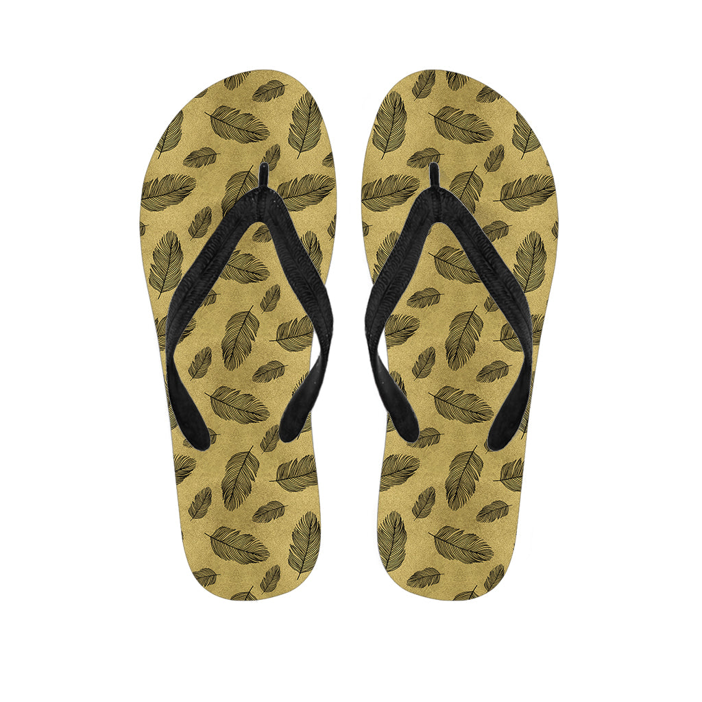 Black and Gold Feather Pattern Print Hippie Flip Flops - 1