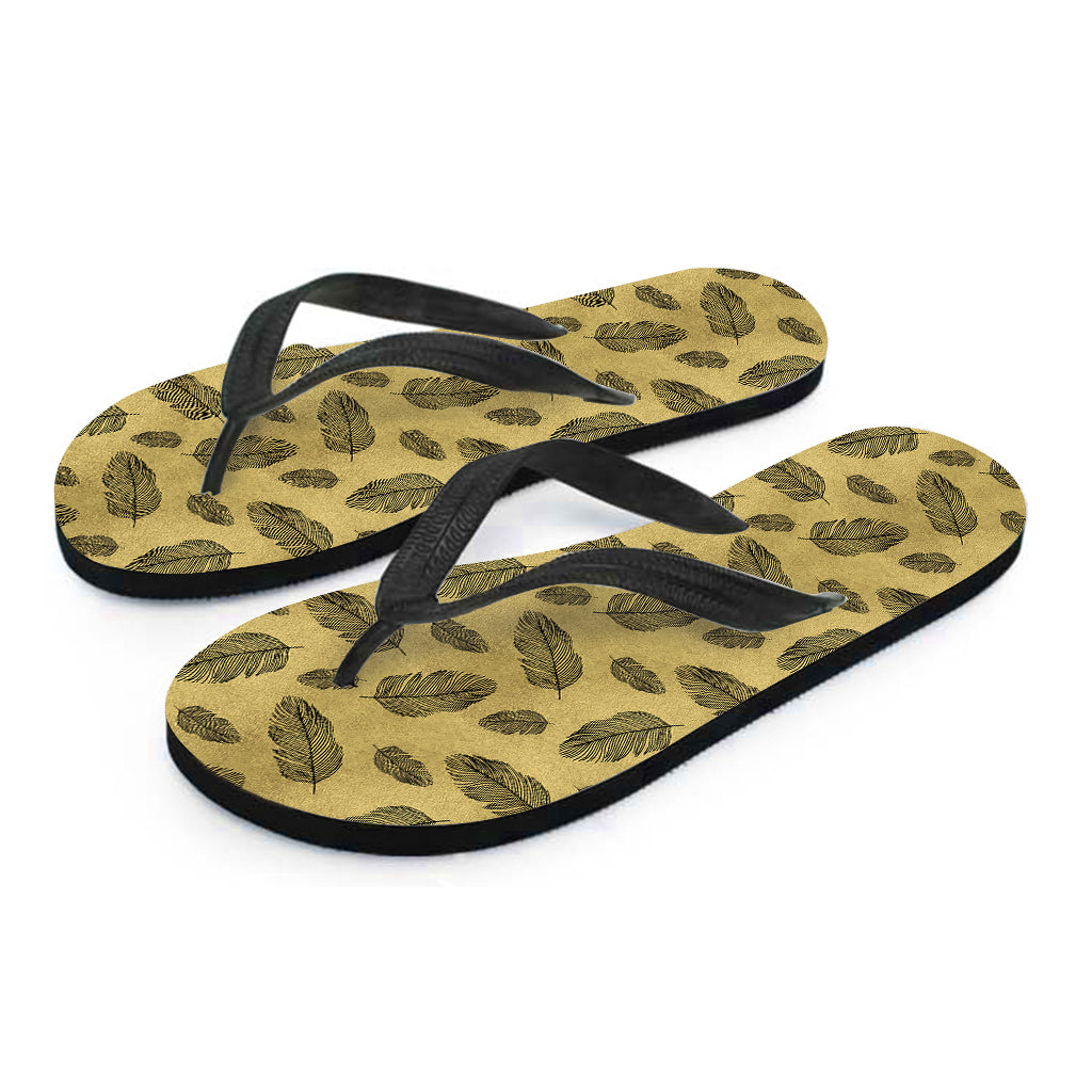 Black and Gold Feather Pattern Print Hippie Flip Flops - 2