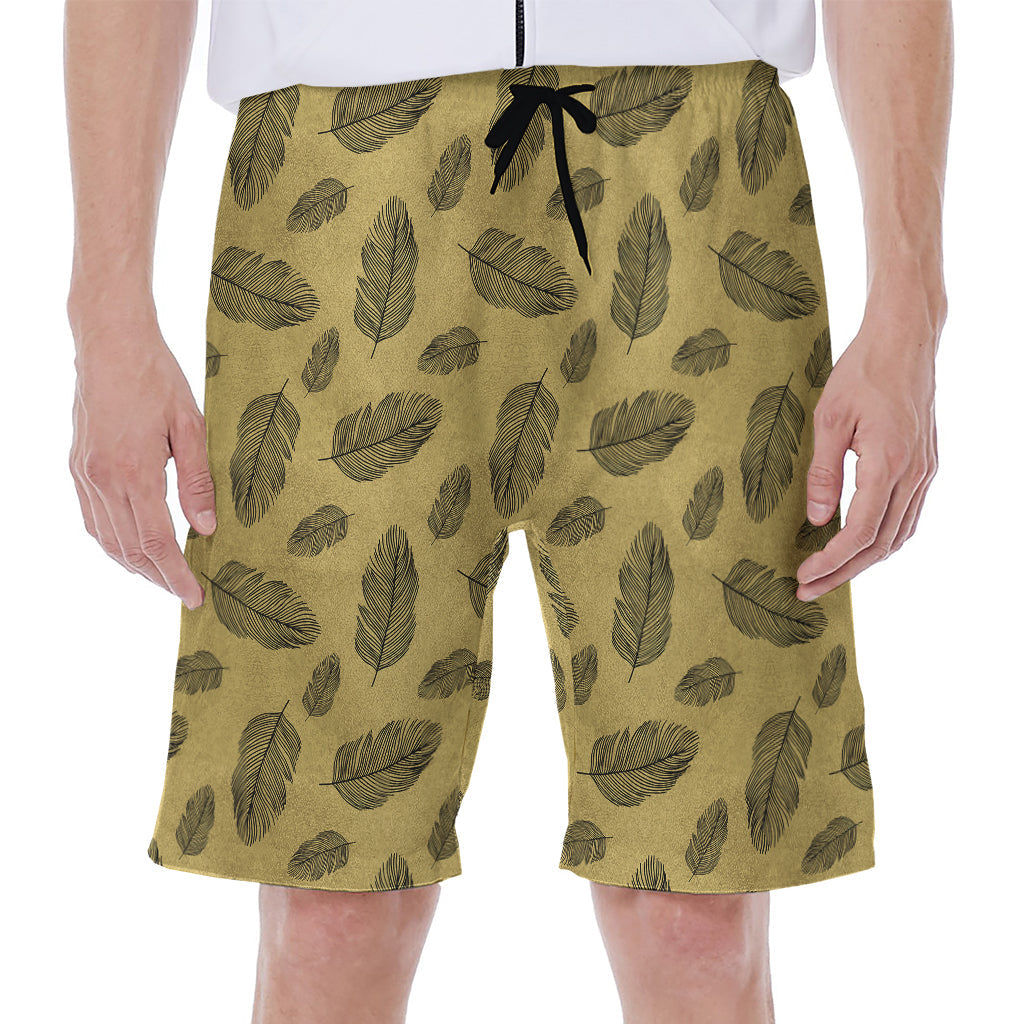 Black and Gold Feather Pattern Hawaiian Men's Beach Shorts - 1