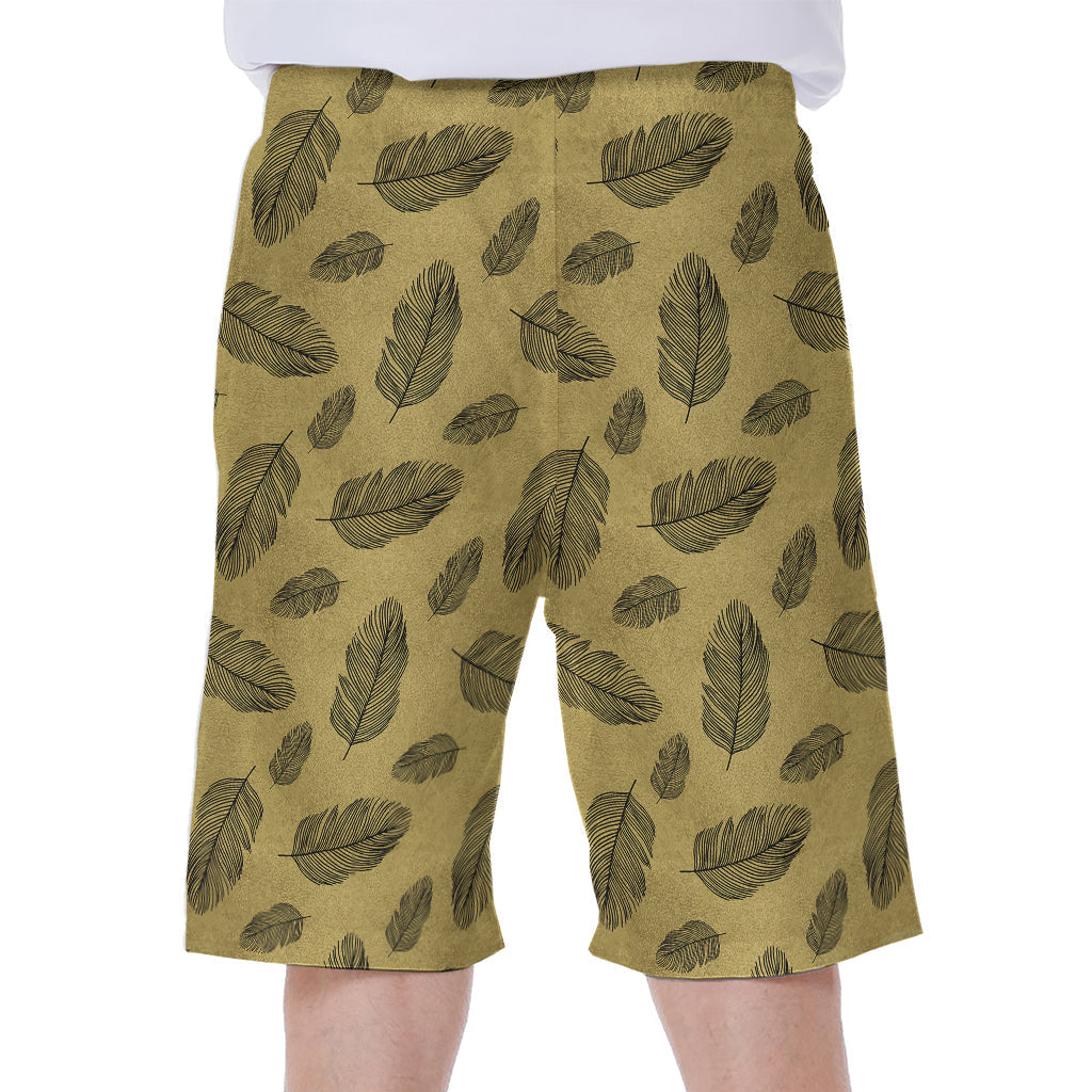 Black and Gold Feather Pattern Hawaiian Men's Beach Shorts - 1