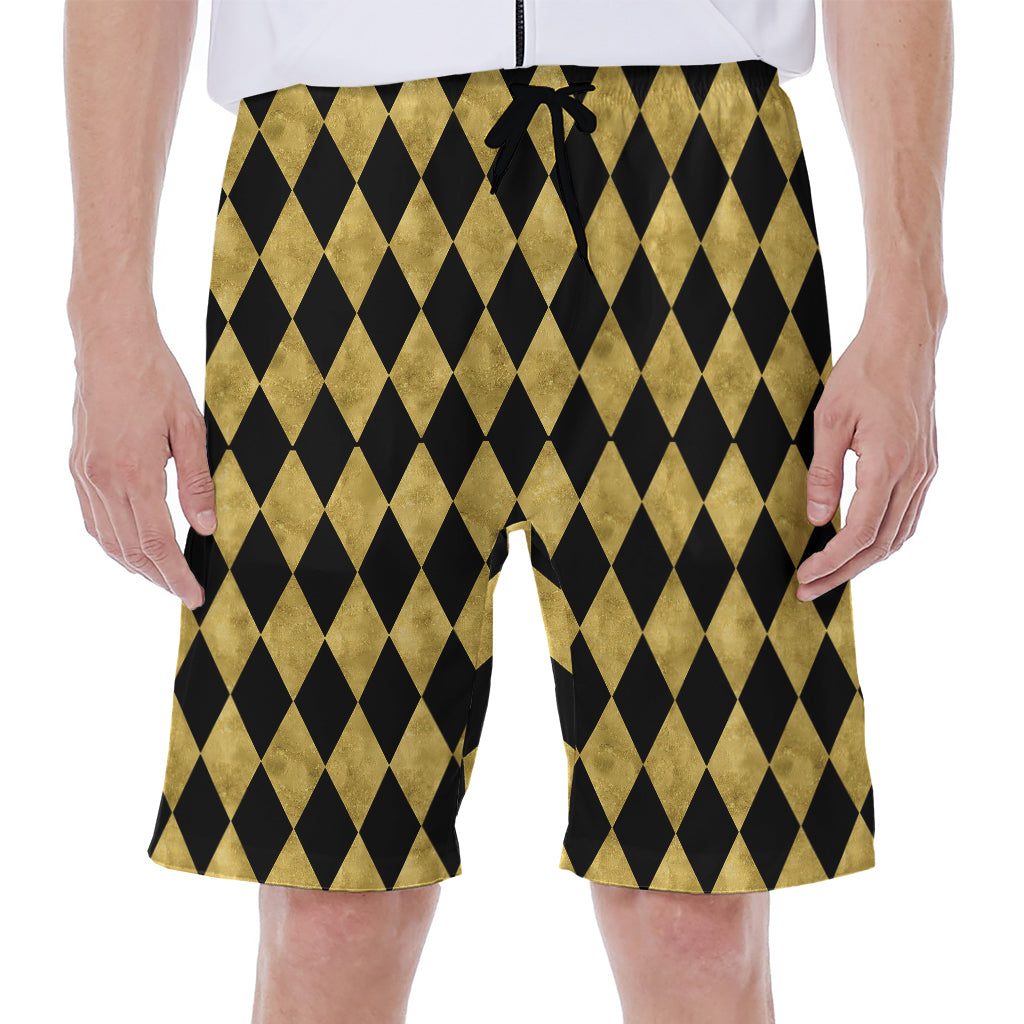 Black and Gold Harlequin Pattern Hawaiian Men's Beach Shorts - 1