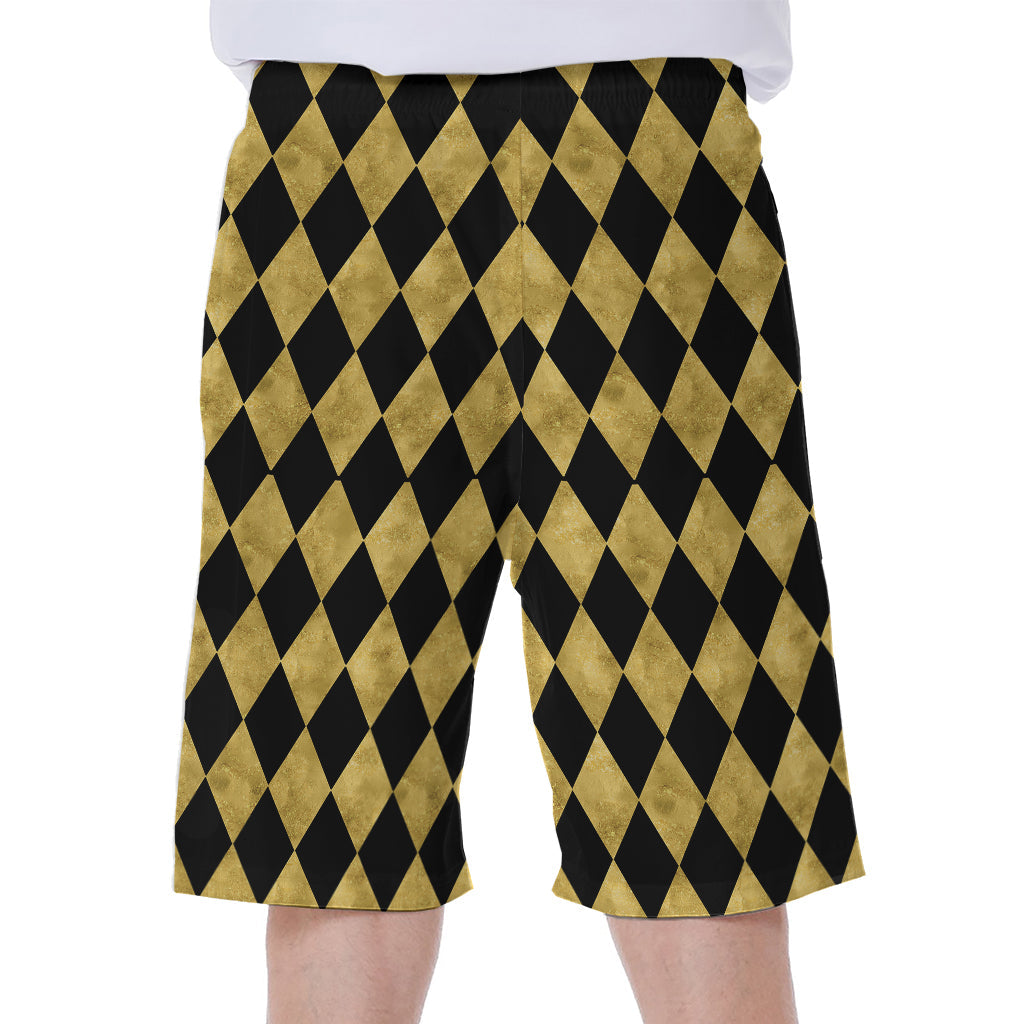 Black and Gold Harlequin Pattern Hawaiian Men's Beach Shorts - 1