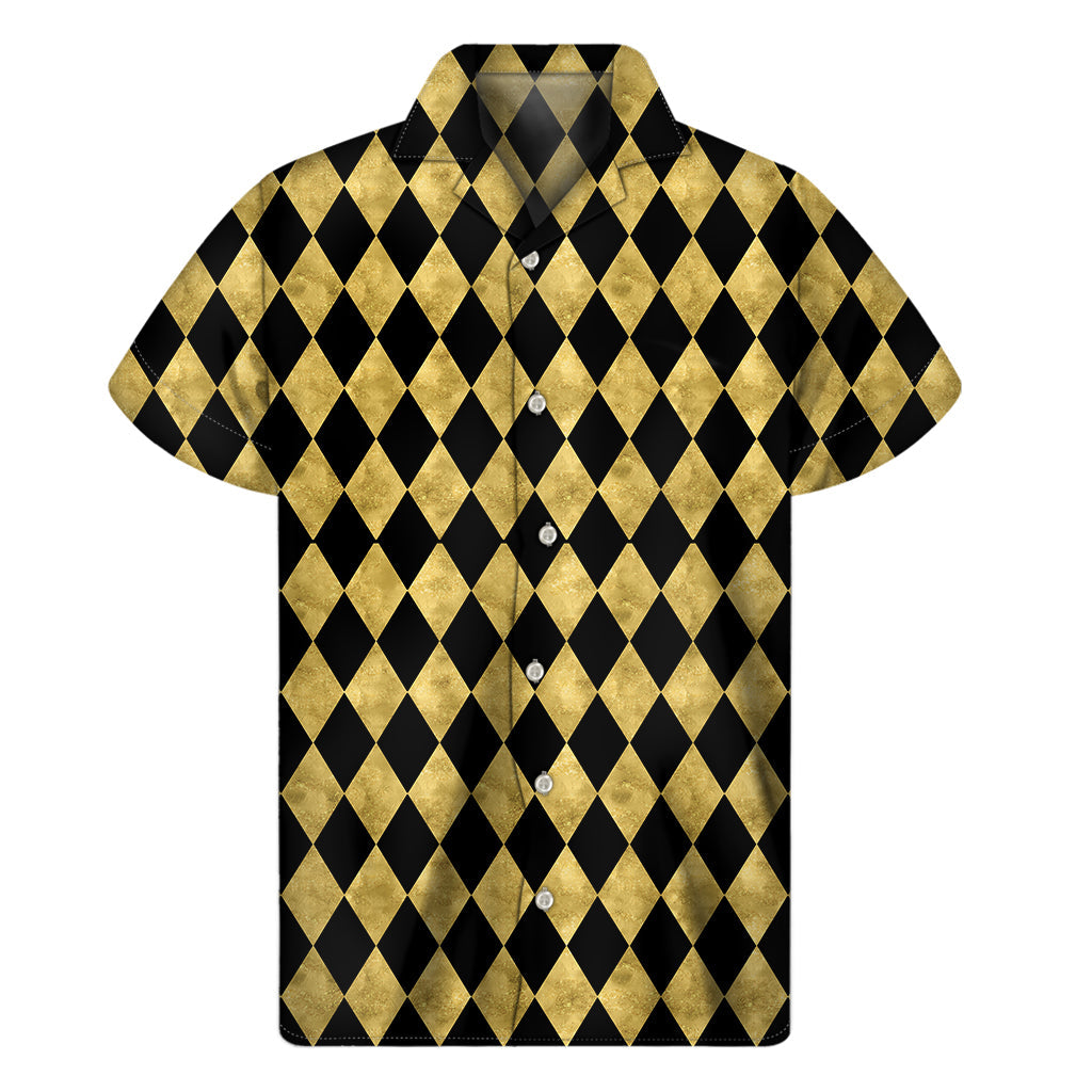 Black and Gold Harlequin Pattern Hawaiian Short Sleeve Shirt - 1