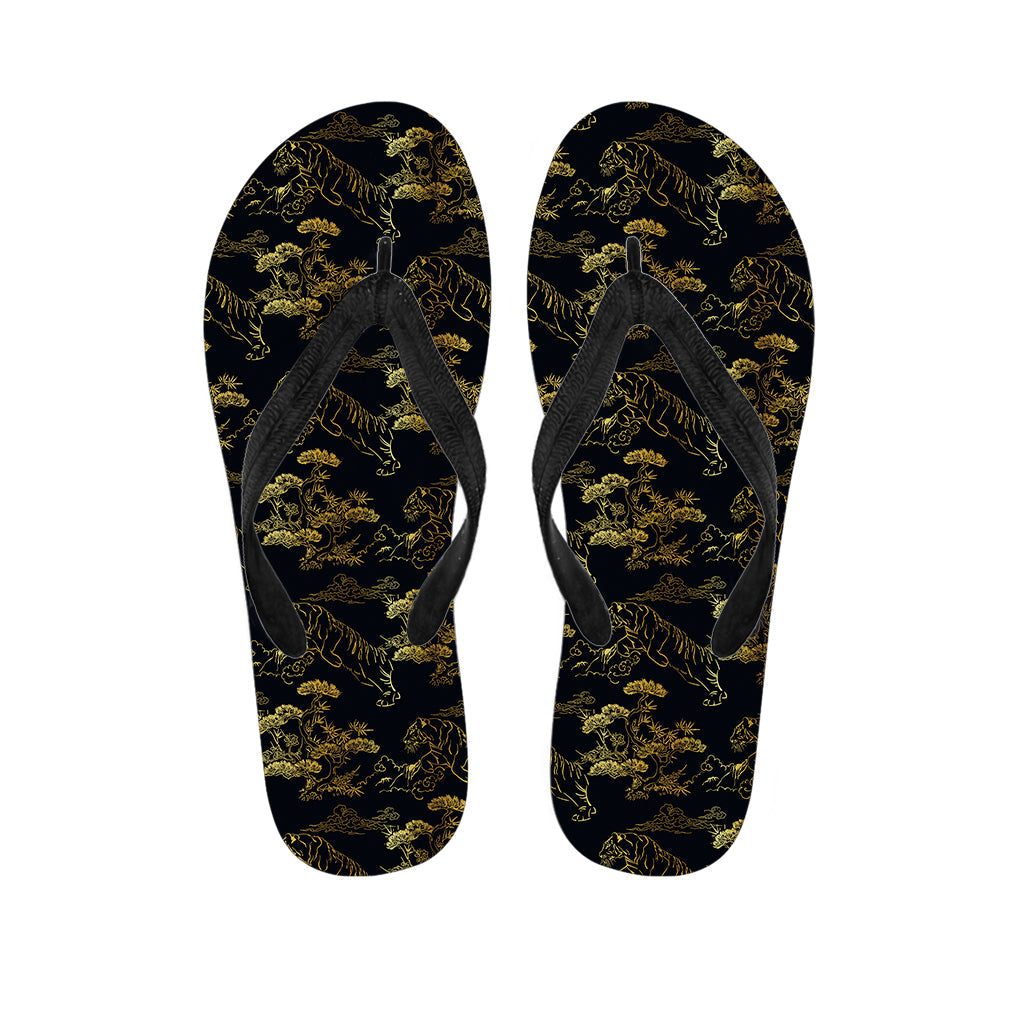 Black and Gold Japanese Tiger Print Hawaiian Flip Flops: The Perfect Addition to Your Island Outfit - 1