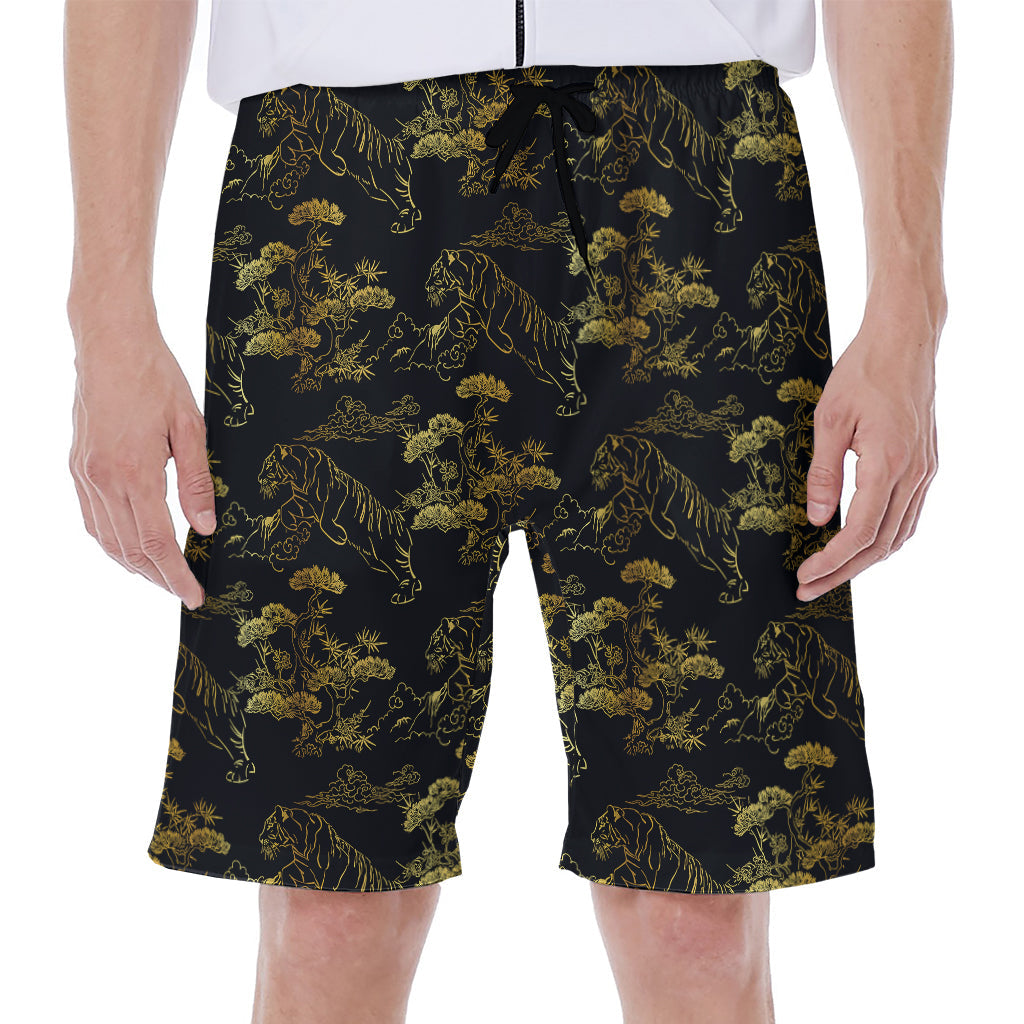 Black and Gold Japanese Tiger Print Hawaiian Men&#39;s Beach Shorts - 1