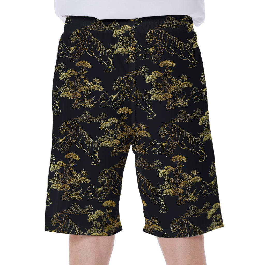 Black and Gold Japanese Tiger Print Hawaiian Men&#39;s Beach Shorts - 2