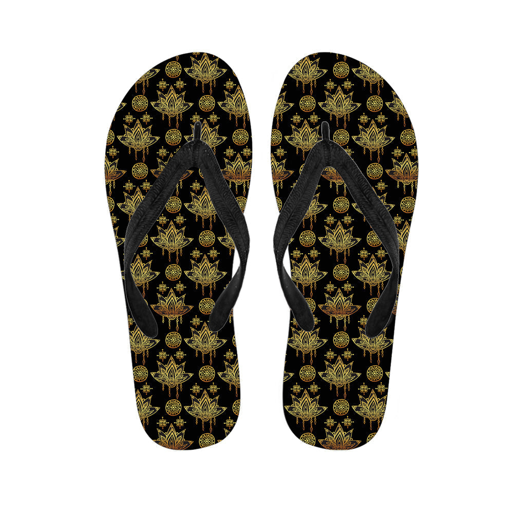 Black and Gold Lotus Flower Print Hawaiian Flip Flops: The Perfect Addition to Your Tropical Outfit - 1