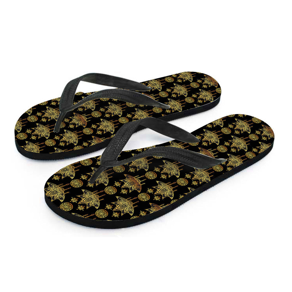 Black and Gold Lotus Flower Print Hawaiian Flip Flops: The Perfect Addition to Your Tropical Outfit - 2