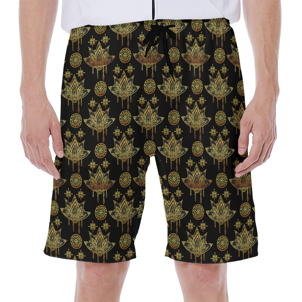 Black and Gold Lotus Flower Print Hawaiian Men's Beach Shorts - 1