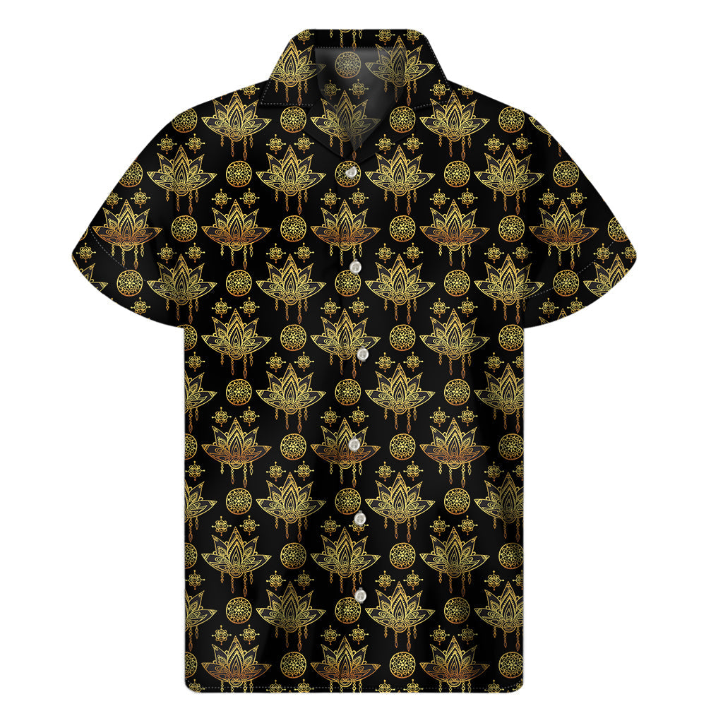 Black and Gold Lotus Flower Print Hawaiian Short Sleeve Shirt - 1