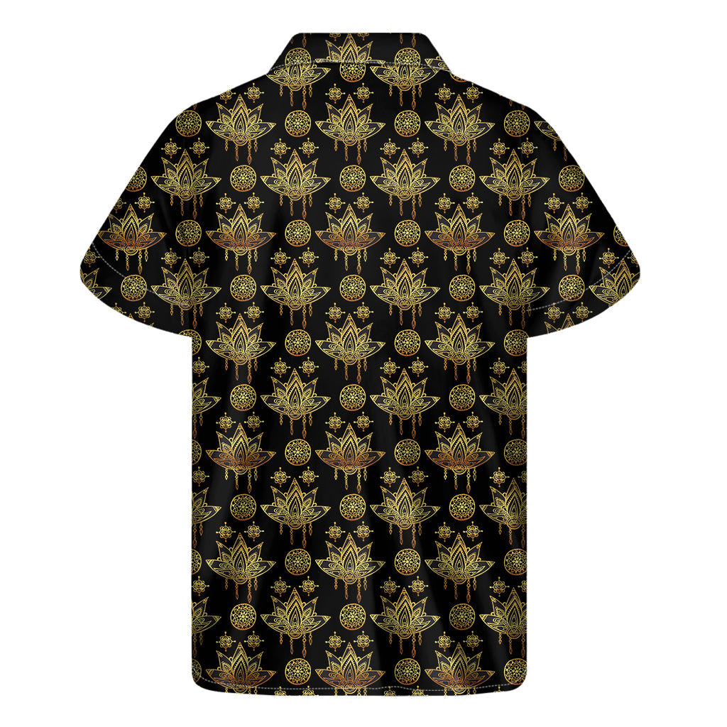 Black and Gold Lotus Flower Print Hawaiian Short Sleeve Shirt - 2