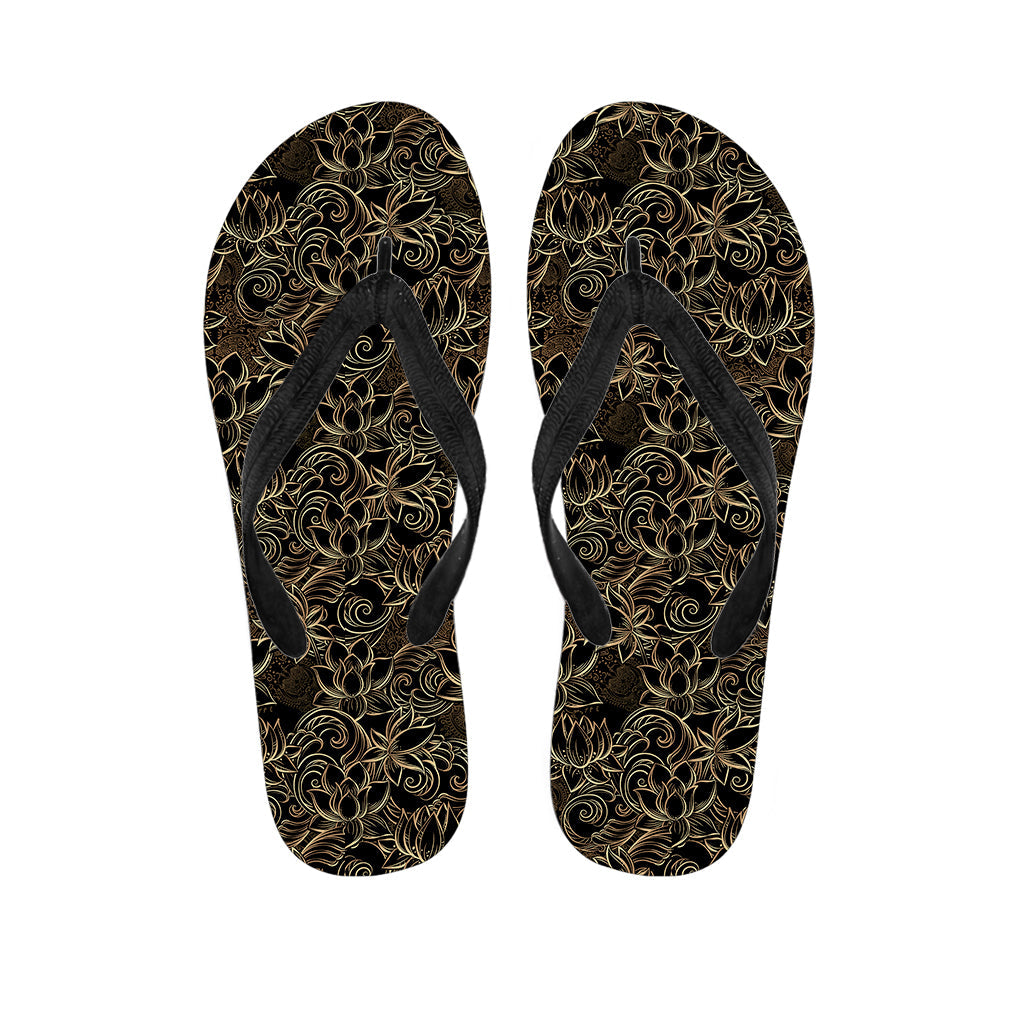 Black and Gold Lotus Pattern Hawaiian Flip Flops: Step into Island Style! - 1