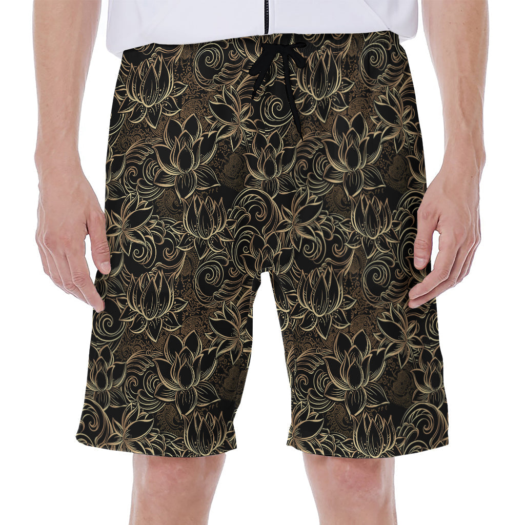 Black and Gold Lotus Pattern Men's Hawaiian Beach Shorts - 1