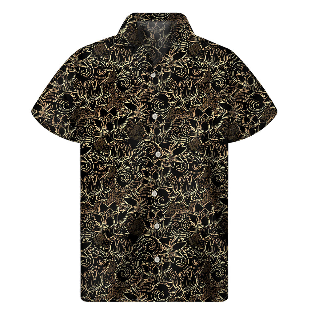 Black and Gold Lotus Pattern Hawaiian Short Sleeve Shirt - 1