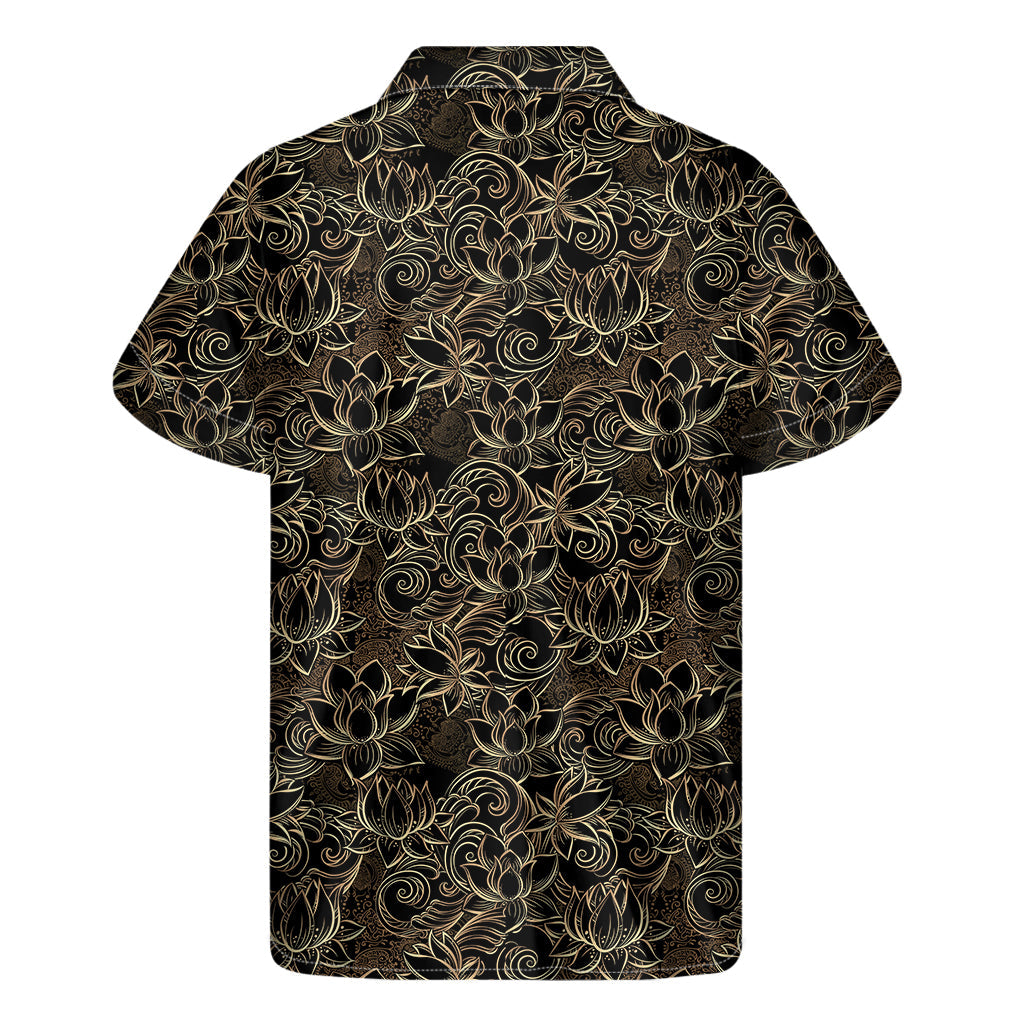 Black and Gold Lotus Pattern Hawaiian Short Sleeve Shirt - 2