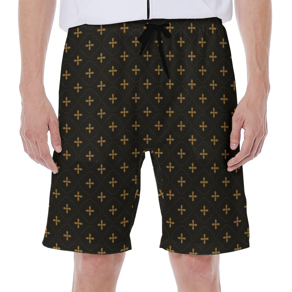 Black and Gold Hawaiian Orthodox Pattern Men's Beach Shorts - 1