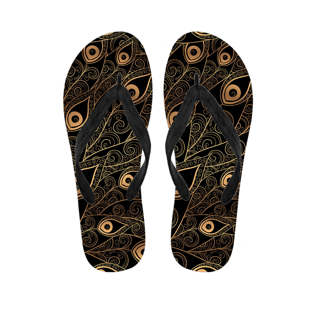 Black and Gold Peacock Feather Print Hawaiian Flip Flops: The Perfect Addition to Your Island Outfit - 1