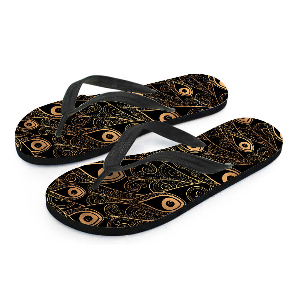 Black and Gold Peacock Feather Print Hawaiian Flip Flops: The Perfect Addition to Your Island Outfit - 2