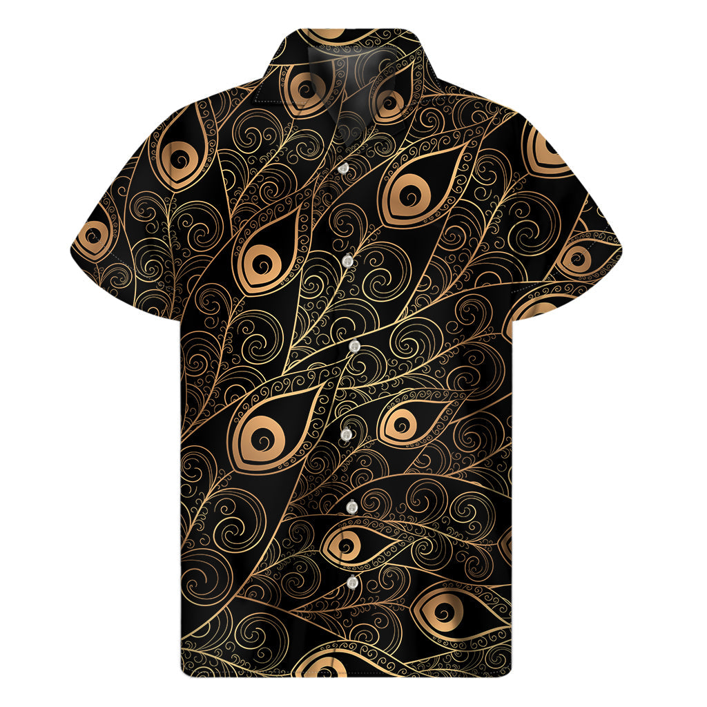 Black and Gold Peacock Feather Print Hawaiian Short Sleeve Shirt - 1