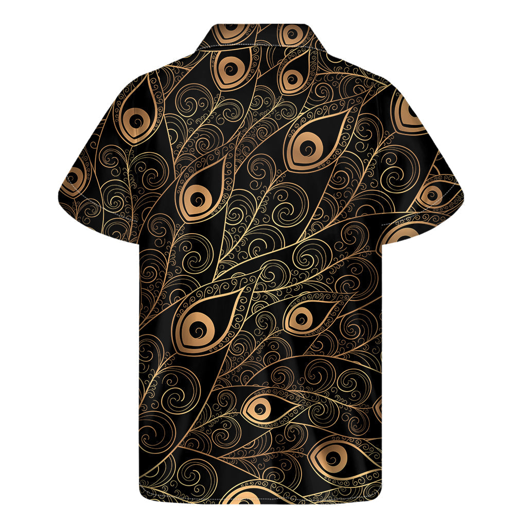 Black and Gold Peacock Feather Print Hawaiian Short Sleeve Shirt - 2