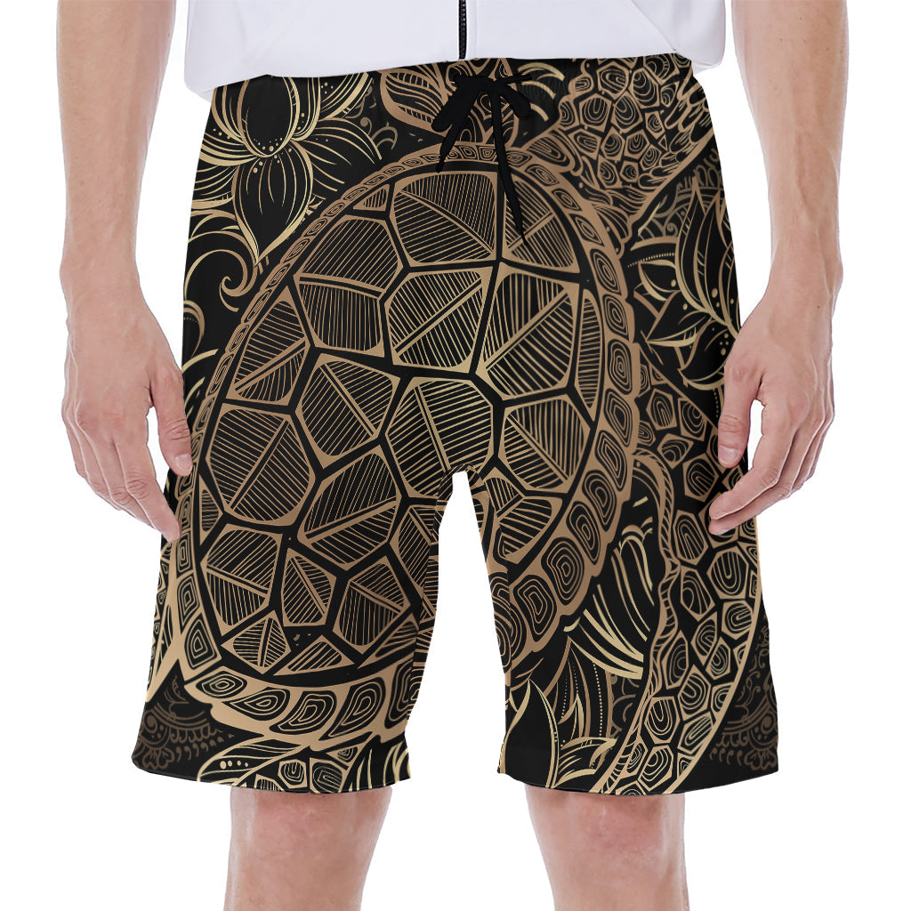 Black and Gold Sea Turtle Print Hawaiian Men's Beach Shorts - 1