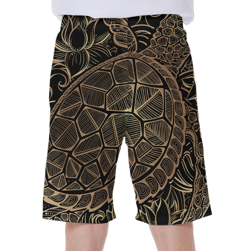 Black and Gold Sea Turtle Print Hawaiian Men's Beach Shorts - 1