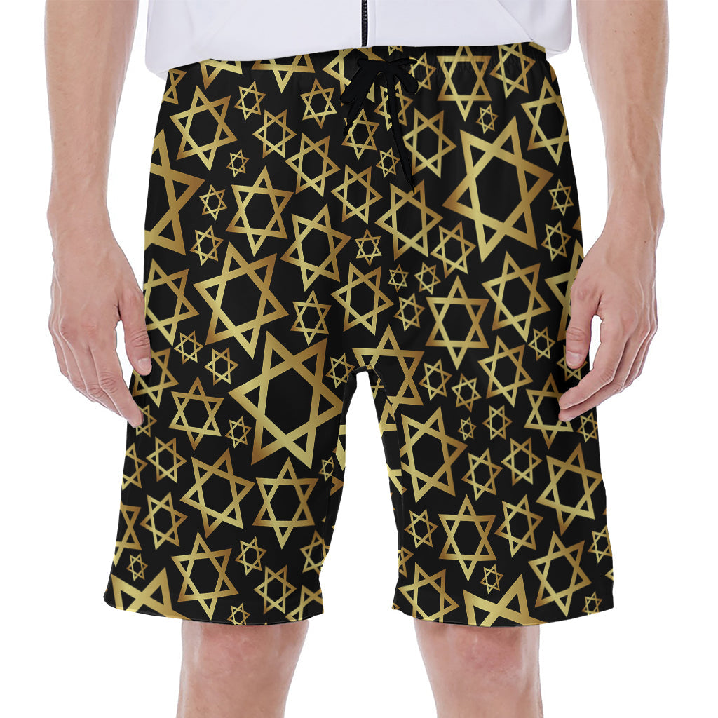 Black and Gold Star of David Print Hawaiian Men&#39;s Beach Shorts - 1