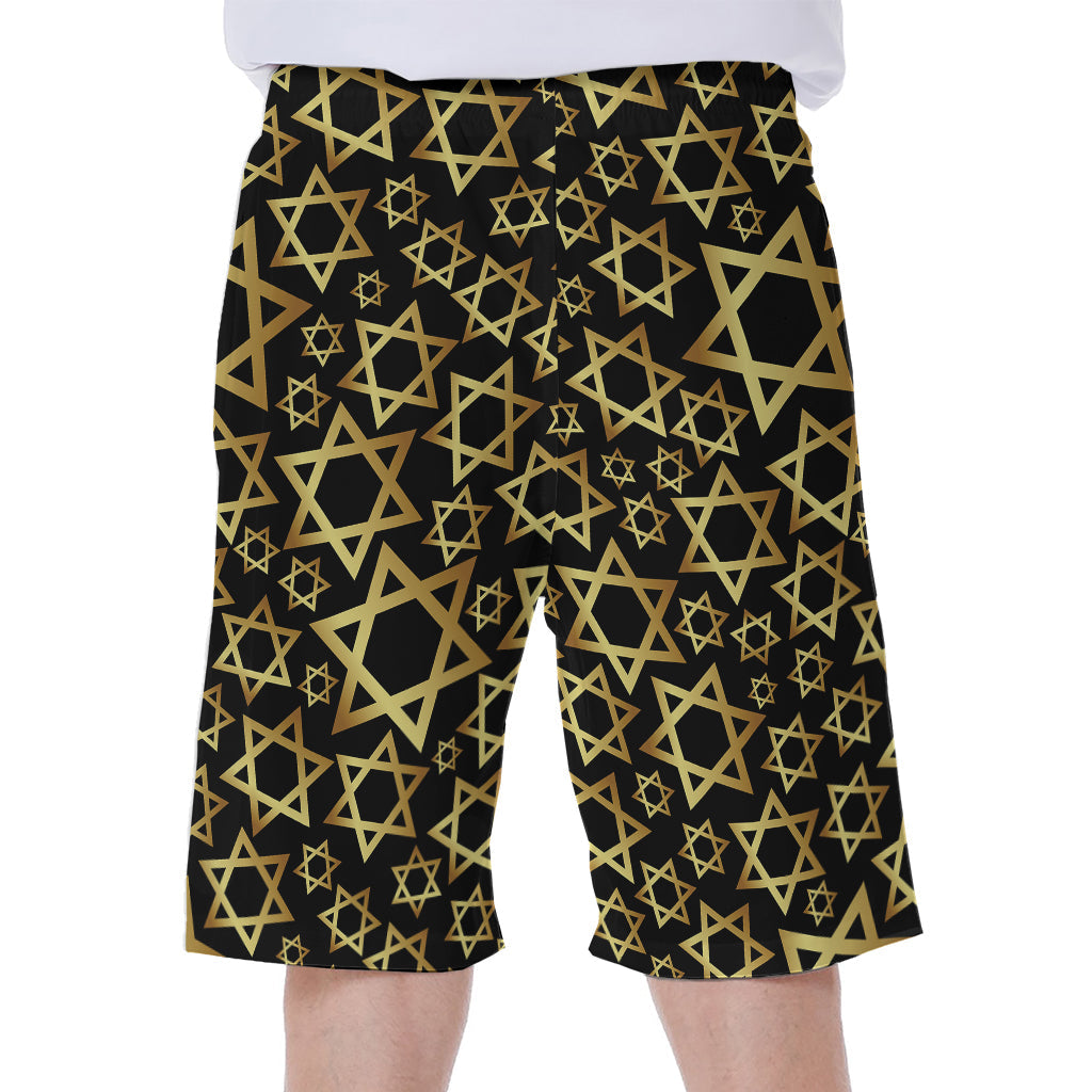 Black and Gold Star of David Print Hawaiian Men's Beach Shorts - 1