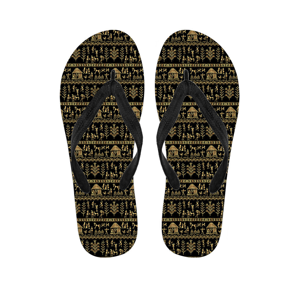 Black and Gold Warli Pattern Hawaiian Flip Flops: Perfect Island Style - 1