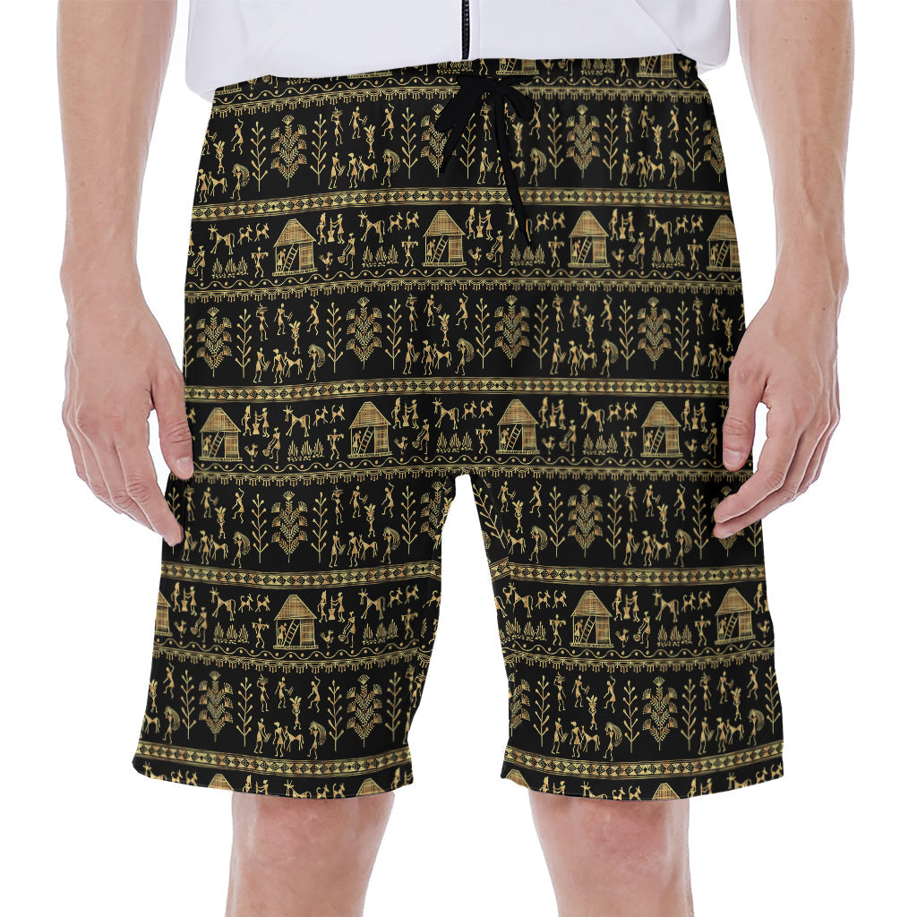 Black and Gold Warli Pattern Print Hawaiian Men&#39;s Beach Shorts - 1