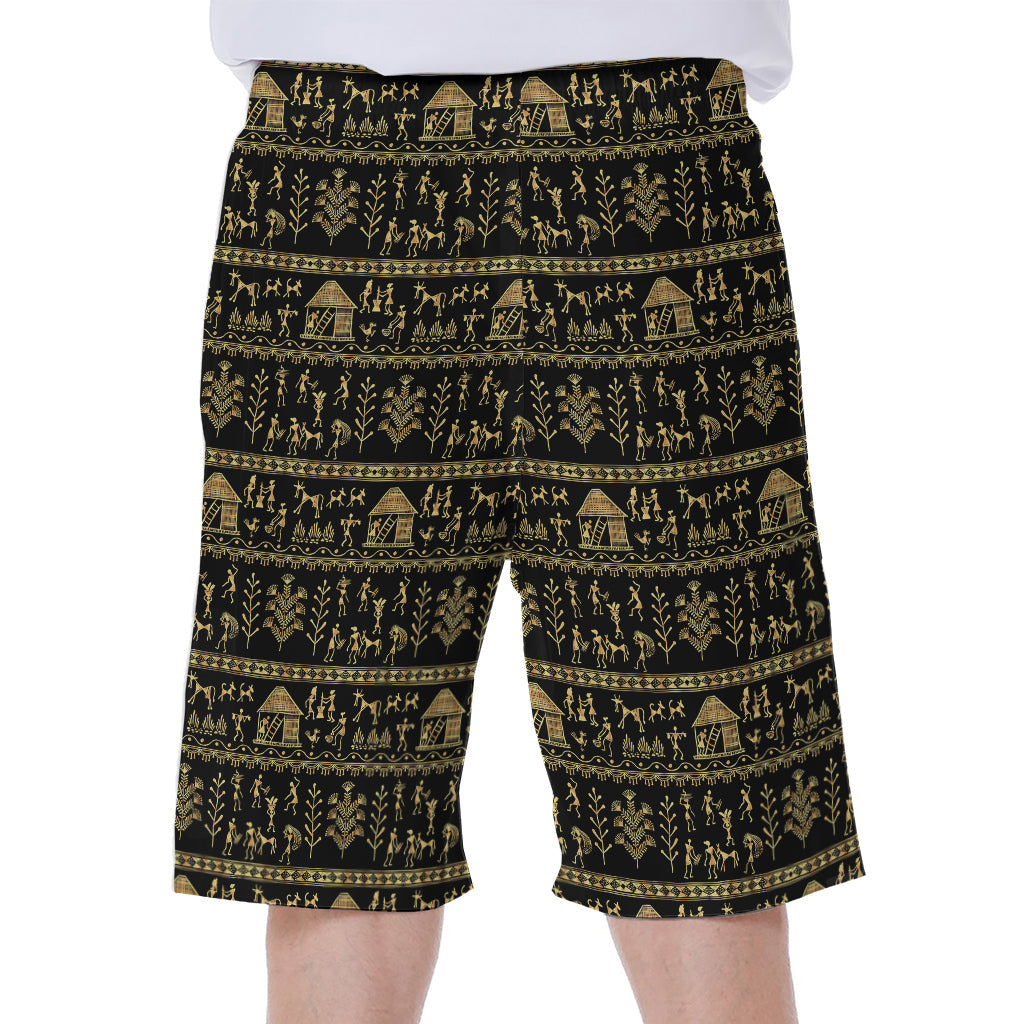 Black and Gold Warli Pattern Print Hawaiian Men's Beach Shorts - 1