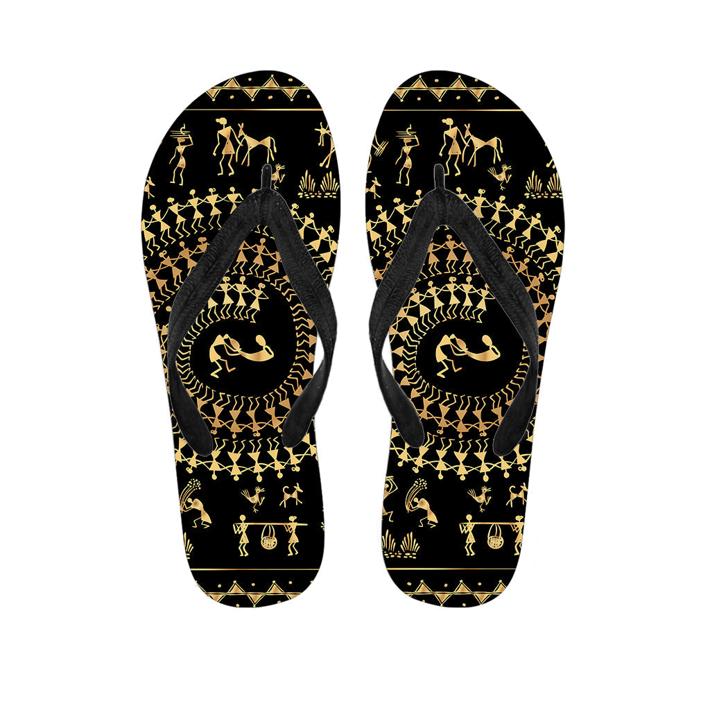 Black and Gold Warli Tribal Print Hawaiian Flip Flops for a Stylish Island Look - 1