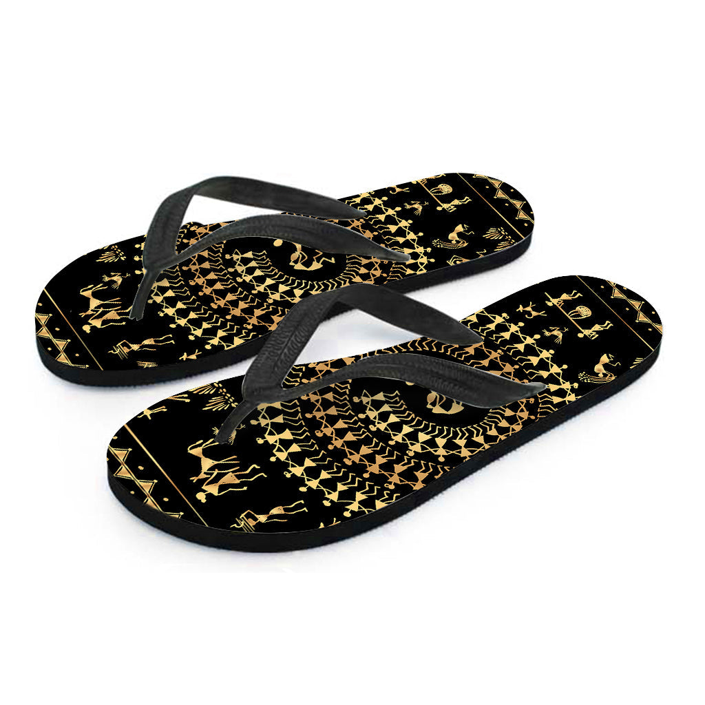 Black and Gold Warli Tribal Print Hawaiian Flip Flops for a Stylish Island Look - 2