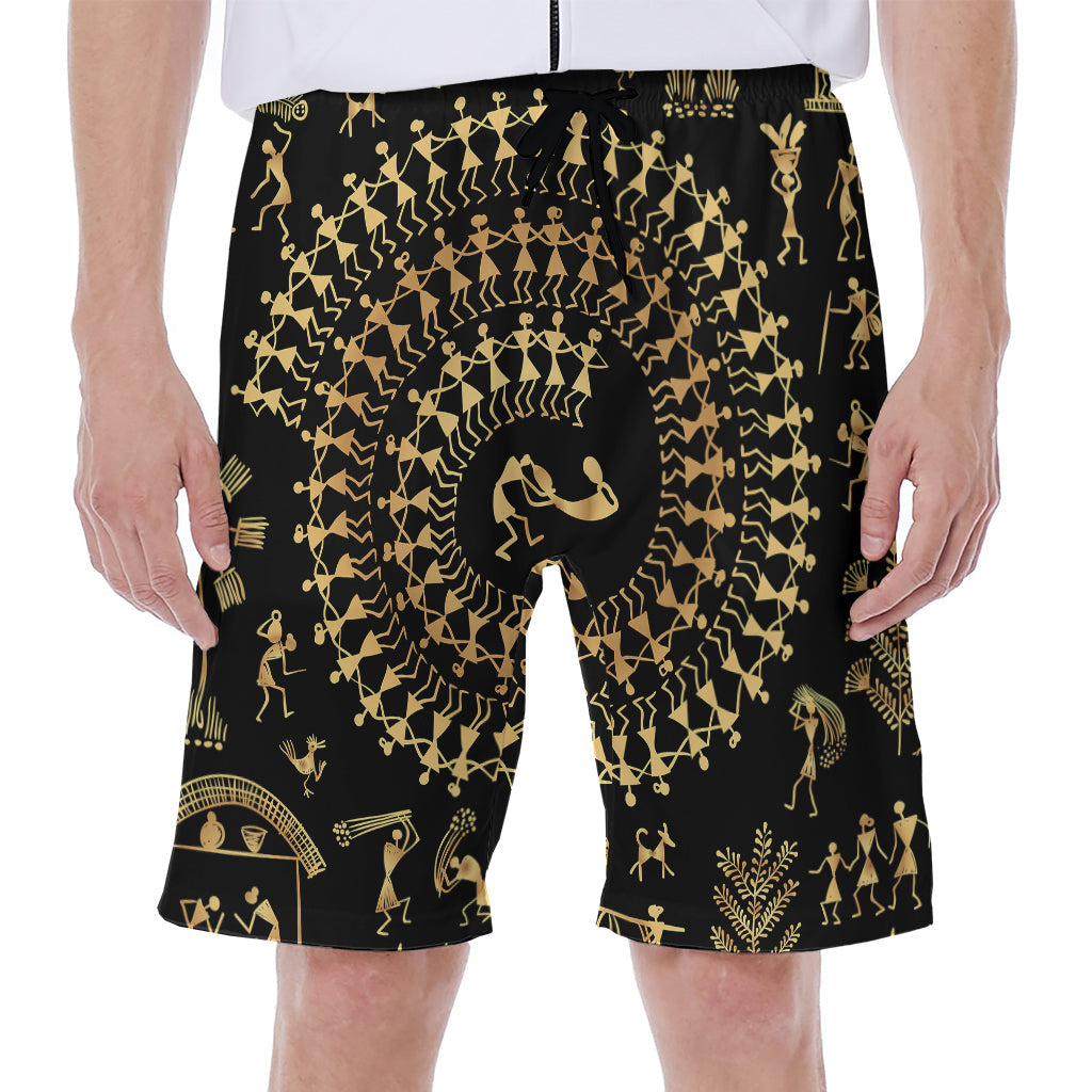 Black and Gold Warli Tribal Print Hawaiian Men&#39;s Beach Shorts - 1