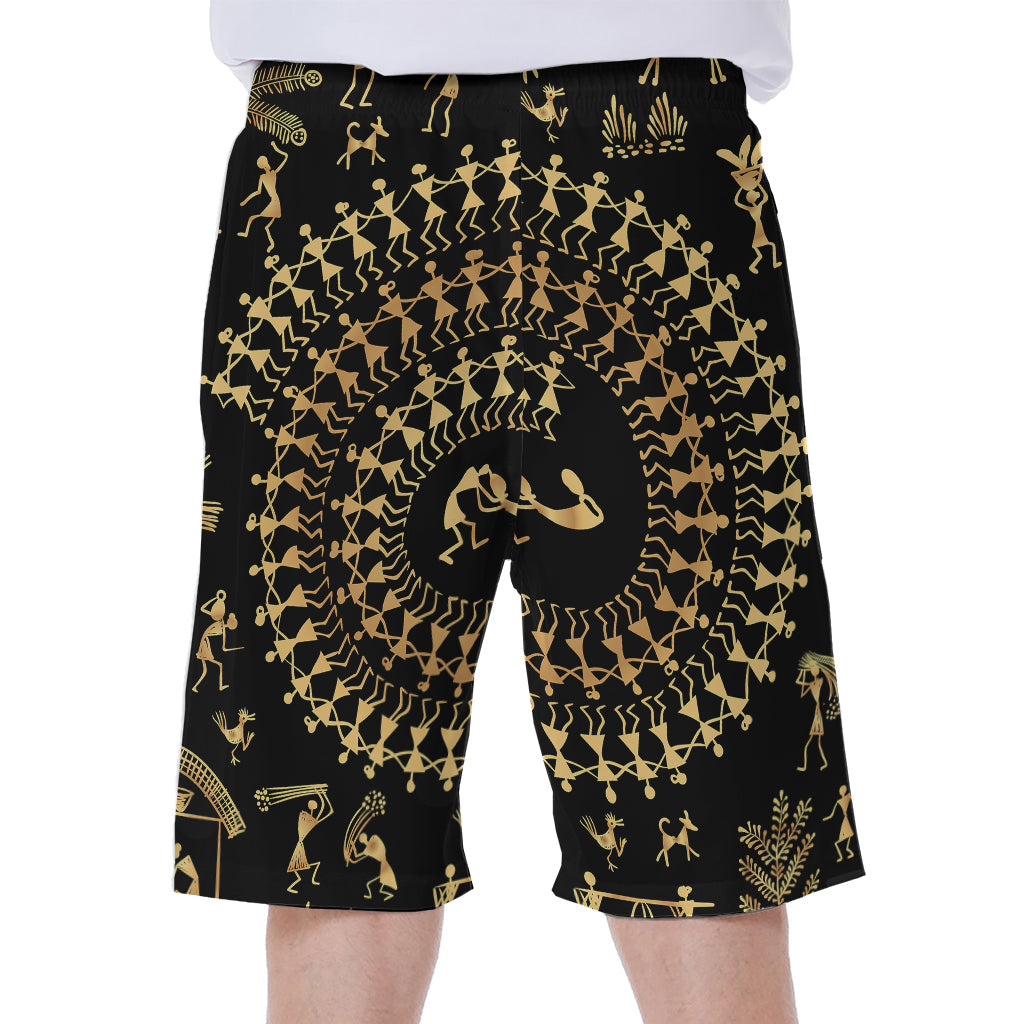 Black and Gold Warli Tribal Print Hawaiian Men's Beach Shorts - 1