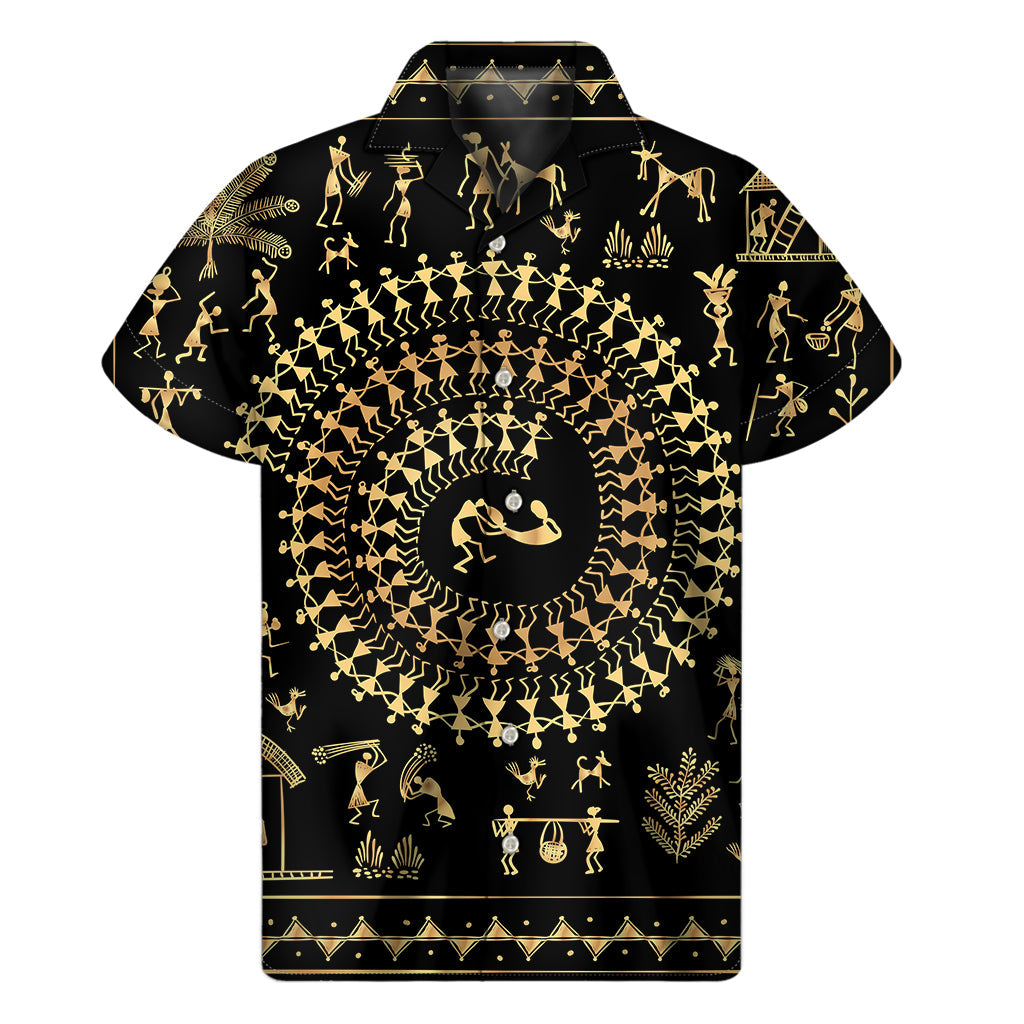 Island Vibe: Black and Gold Warli Tribal Print Hawaiian Shirt - 1