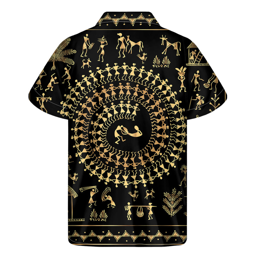 Island Vibe: Black and Gold Warli Tribal Print Hawaiian Shirt - 2