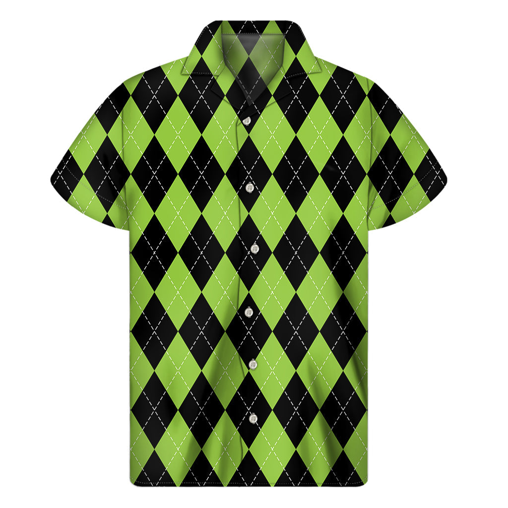 Black and Green Argyle Hawaiian Print Men&#39;s Short Sleeve Shirt - 1