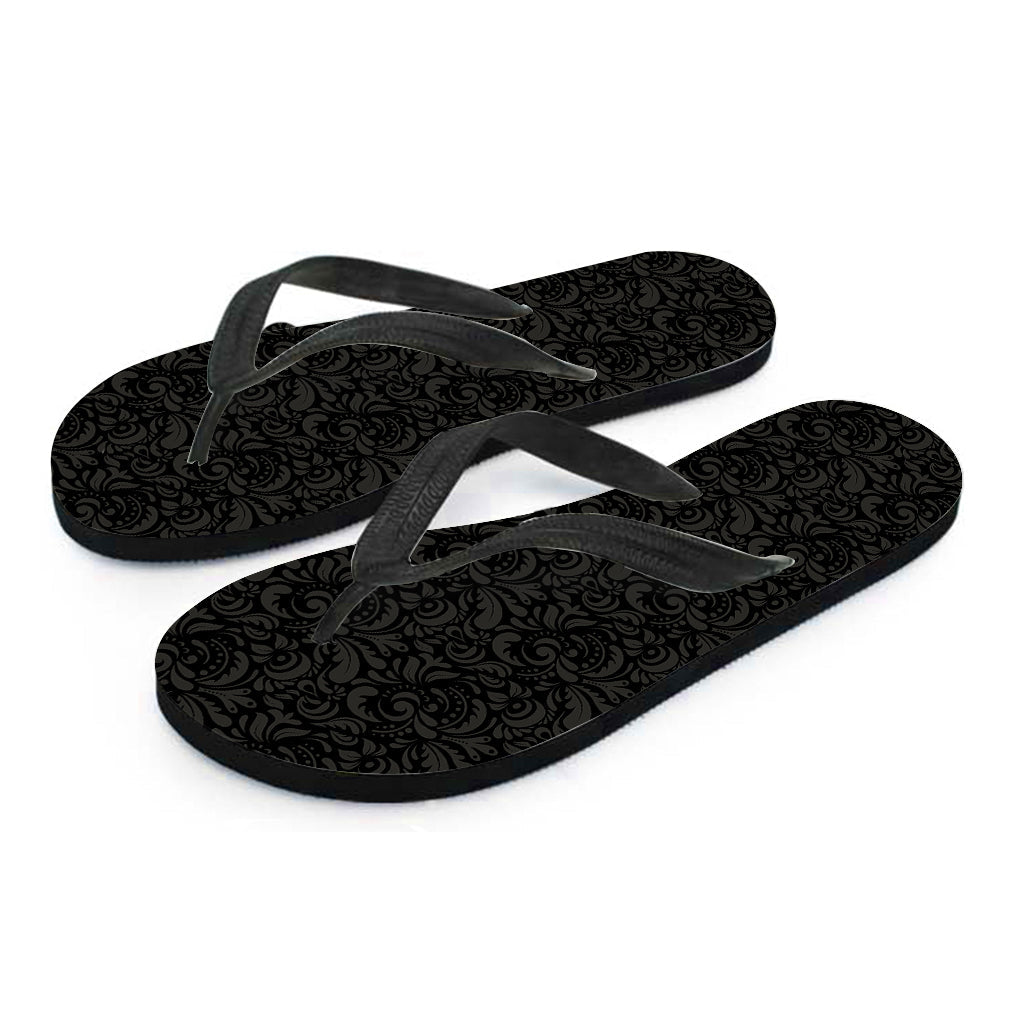 Black and Grey Floral Print Hawaiian Flip Flops - Perfect for Your Hawaiian Outfit! - 2